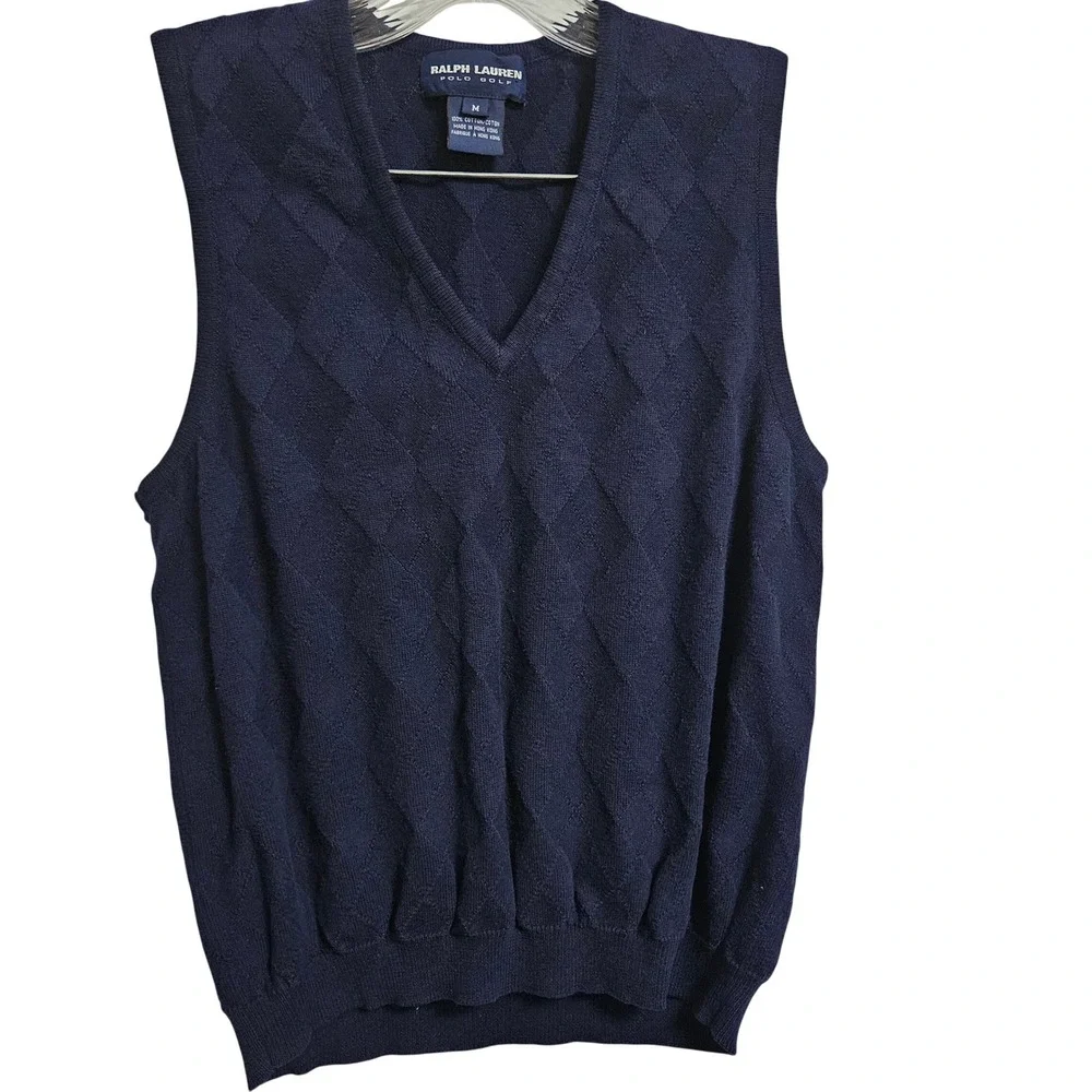 Ralph Lauren Sweater Vest Kids M Navy Blue Polo Golf Argyle V-Neck Cotton Knit‎
